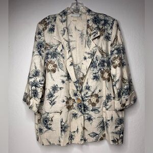 Vintage Alice Stuart Womens Sz L Blue Beige Linen Blend Jacket Blazer Floral USA